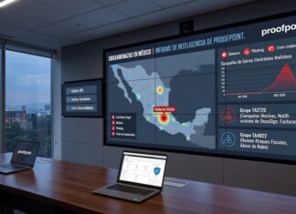 Proofpoint alerta: Ciberdelincuentes intensifican ataques masivos por correo en México Fotografía de una sala de monitoreo de ciberseguridad con una gran pantalla mural interactiva que exhibe el logotipo de Proofpoint y un mapa de calor de México identificando amenazas de ciberataques. En la pantalla se muestran gráficos de barras de volumen de malware durante julio y agosto de 2026, junto a los nombres de los grupos TA2725 y TA4922. Sobre la mesa de juntas reposan laptops con tableros de control de seguridad abiertos.