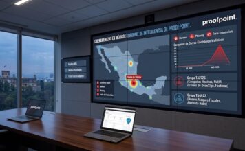 Proofpoint alerta: Ciberdelincuentes intensifican ataques masivos por correo en México Fotografía de una sala de monitoreo de ciberseguridad con una gran pantalla mural interactiva que exhibe el logotipo de Proofpoint y un mapa de calor de México identificando amenazas de ciberataques. En la pantalla se muestran gráficos de barras de volumen de malware durante julio y agosto de 2026, junto a los nombres de los grupos TA2725 y TA4922. Sobre la mesa de juntas reposan laptops con tableros de control de seguridad abiertos.