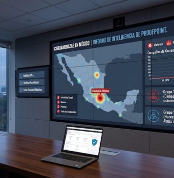 Proofpoint alerta: Ciberdelincuentes intensifican ataques masivos por correo en México Fotografía de una sala de monitoreo de ciberseguridad con una gran pantalla mural interactiva que exhibe el logotipo de Proofpoint y un mapa de calor de México identificando amenazas de ciberataques. En la pantalla se muestran gráficos de barras de volumen de malware durante julio y agosto de 2026, junto a los nombres de los grupos TA2725 y TA4922. Sobre la mesa de juntas reposan laptops con tableros de control de seguridad abiertos.