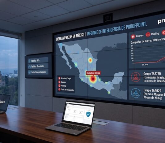 Proofpoint alerta: Ciberdelincuentes intensifican ataques masivos por correo en México Fotografía de una sala de monitoreo de ciberseguridad con una gran pantalla mural interactiva que exhibe el logotipo de Proofpoint y un mapa de calor de México identificando amenazas de ciberataques. En la pantalla se muestran gráficos de barras de volumen de malware durante julio y agosto de 2026, junto a los nombres de los grupos TA2725 y TA4922. Sobre la mesa de juntas reposan laptops con tableros de control de seguridad abiertos.