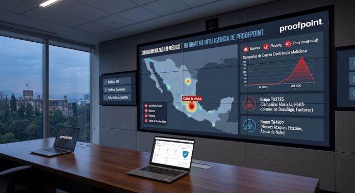 Informe de inteligencia de Proofpoint sobre la intensificación de ciberataques en México Fotografía de una sala de monitoreo de ciberseguridad con una gran pantalla mural interactiva que exhibe el logotipo de Proofpoint y un mapa de calor de México identificando amenazas de ciberataques. En la pantalla se muestran gráficos de barras de volumen de malware durante julio y agosto de 2026, junto a los nombres de los grupos TA2725 y TA4922. Sobre la mesa de juntas reposan laptops con tableros de control de seguridad abiertos.