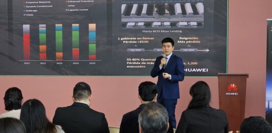 Huawei impulsa la inteligencia artificial y el almacenamiento solar para la industria en México Fotografía de una presentación ejecutiva donde Zhou Bo habla con un micrófono de mano ante un auditorio. De fondo se aprecia una pantalla proyectora con gráficos estadísticos, mapas de plantas BESS y el logotipo corporativo de Huawei.