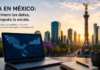 SNP Group: los CIOs que más ganen en México en 2027 no serán los que más gasten en IA, sino los que ordenen sus datos Fotografía en ángulo medio de una computadora portátil abierta sobre un escritorio junto a una taza de café y una libreta de notas al atardecer, mostrando un panel analítico del mapa de México con gráficos de barras y porcentajes; al fondo se aprecia el monumento del Ángel de la Independencia en la Ciudad de México y una leyenda publicitaria que dice "IA EN MÉXICO: Primero los datos, después la escala".