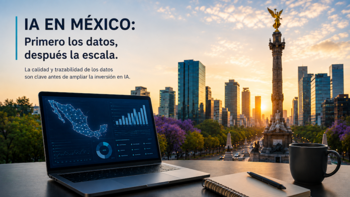 Fotografía en ángulo medio de una computadora portátil abierta sobre un escritorio junto a una taza de café y una libreta de notas al atardecer, mostrando un panel analítico del mapa de México con gráficos de barras y porcentajes; al fondo se aprecia el monumento del Ángel de la Independencia en la Ciudad de México y una leyenda publicitaria que dice 