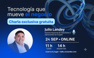 Banner promocional horizontal en tonos azules que anuncia la charla ejecutiva gratuita "Tecnología que mueve el negocio". En el extremo izquierdo destaca el retrato circular de Julio Landey, Gerente Nacional de Soluciones y Operaciones en Coppel, junto a los detalles del evento virtual programado para el 24 de septiembre a las 11 h CDMX y 14 h Argentina.