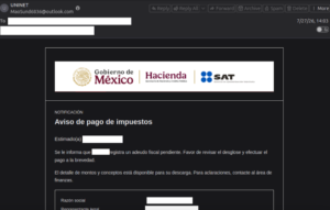 Captura de pantalla de un correo electrónico de phishing enviado desde una dirección de Outlook no corporativa, simulando una notificación oficial con el encabezado institucional del Gobierno de México, la Secretaría de Hacienda y el SAT. El mensaje notifica sobre un supuesto "Aviso de pago de impuestos" y pide al usuario descargar el desglose de un adeudo fiscal.