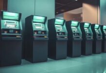 Banca omnicanal con Auriga: la ventaja competitiva de conectar todos los canales Fotografía en plano general de una hilera de cajeros automáticos multifuncionales iluminados con luz verde en el interior de una sucursal bancaria moderna y pulcra.