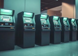 Banca omnicanal con Auriga: la ventaja competitiva de conectar todos los canales Fotografía en plano general de una hilera de cajeros automáticos multifuncionales iluminados con luz verde en el interior de una sucursal bancaria moderna y pulcra.