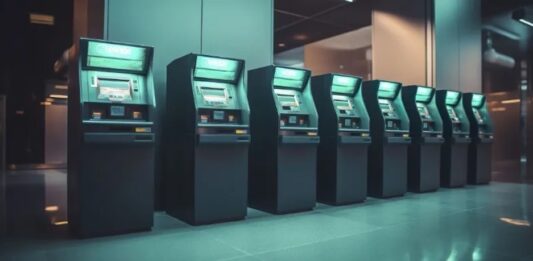 Banca omnicanal con Auriga: la ventaja competitiva de conectar todos los canales Fotografía en plano general de una hilera de cajeros automáticos multifuncionales iluminados con luz verde en el interior de una sucursal bancaria moderna y pulcra.