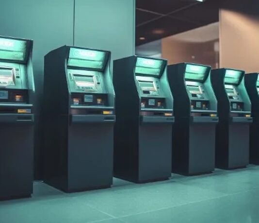 Banca omnicanal con Auriga: la ventaja competitiva de conectar todos los canales Fotografía en plano general de una hilera de cajeros automáticos multifuncionales iluminados con luz verde en el interior de una sucursal bancaria moderna y pulcra.