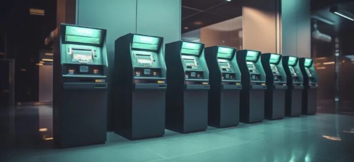 Auriga impulsa la omnicanalidad y la integración de cajeros automáticos en la banca moderna Fotografía en plano general de una hilera de cajeros automáticos multifuncionales iluminados con luz verde en el interior de una sucursal bancaria moderna y pulcra.