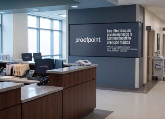 Proofpoint alerta que los ciberataques interrumpen la atención médica en el 74% de las clínicas de EE. UU. Fotografía en plano general del pasillo y recepción de un hospital con mostradores de enfermería desiertos, monitores de computadora que muestran mensajes de sistema fuera de línea y una pantalla institucional en el muro con el logotipo de Proofpoint y la leyenda "Los ciberataques ponen en riesgo la continuidad de la atención médica".