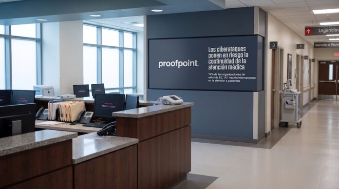 Fotografía en plano general del pasillo y recepción de un hospital con mostradores de enfermería desiertos, monitores de computadora que muestran mensajes de sistema fuera de línea y una pantalla institucional en el muro con el logotipo de Proofpoint y la leyenda 
