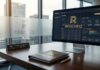 Regcheq alerta: 4 de cada 10 empresas ignoran la Ley Antilavado y arriesgan multas de hasta 7.6 MDP Fotografía de un escritorio de oficina ejecutiva con una carpeta de cuero grabada con el logotipo dorado de Regcheq y un monitor de computadora en cuyo panel se muestra la interfaz de la plataforma SaaS "REGCHEQ PLD X", desplegando gráficos de evaluación de riesgos, monitoreo transaccional y reportes regulatorios.
