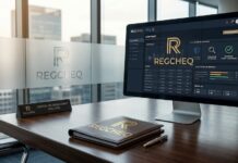 Regcheq alerta: 4 de cada 10 empresas ignoran la Ley Antilavado y arriesgan multas de hasta 7.6 MDP Fotografía de un escritorio de oficina ejecutiva con una carpeta de cuero grabada con el logotipo dorado de Regcheq y un monitor de computadora en cuyo panel se muestra la interfaz de la plataforma SaaS "REGCHEQ PLD X", desplegando gráficos de evaluación de riesgos, monitoreo transaccional y reportes regulatorios.