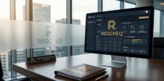 Regcheq alerta: 4 de cada 10 empresas ignoran la Ley Antilavado y arriesgan multas de hasta 7.6 MDP Fotografía de un escritorio de oficina ejecutiva con una carpeta de cuero grabada con el logotipo dorado de Regcheq y un monitor de computadora en cuyo panel se muestra la interfaz de la plataforma SaaS "REGCHEQ PLD X", desplegando gráficos de evaluación de riesgos, monitoreo transaccional y reportes regulatorios.