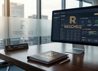 Regcheq alerta: 4 de cada 10 empresas ignoran la Ley Antilavado y arriesgan multas de hasta 7.6 MDP Fotografía de un escritorio de oficina ejecutiva con una carpeta de cuero grabada con el logotipo dorado de Regcheq y un monitor de computadora en cuyo panel se muestra la interfaz de la plataforma SaaS "REGCHEQ PLD X", desplegando gráficos de evaluación de riesgos, monitoreo transaccional y reportes regulatorios.
