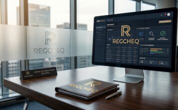 Regcheq alerta: 4 de cada 10 empresas ignoran la Ley Antilavado y arriesgan multas de hasta 7.6 MDP Fotografía de un escritorio de oficina ejecutiva con una carpeta de cuero grabada con el logotipo dorado de Regcheq y un monitor de computadora en cuyo panel se muestra la interfaz de la plataforma SaaS "REGCHEQ PLD X", desplegando gráficos de evaluación de riesgos, monitoreo transaccional y reportes regulatorios.