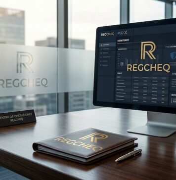 Regcheq alerta: 4 de cada 10 empresas ignoran la Ley Antilavado y arriesgan multas de hasta 7.6 MDP Fotografía de un escritorio de oficina ejecutiva con una carpeta de cuero grabada con el logotipo dorado de Regcheq y un monitor de computadora en cuyo panel se muestra la interfaz de la plataforma SaaS "REGCHEQ PLD X", desplegando gráficos de evaluación de riesgos, monitoreo transaccional y reportes regulatorios.