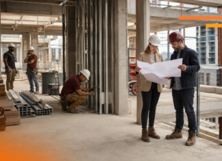 Cómo GAYA impulsa la IA y la gestión digital para anticipar sobrecostos en la construcción Fotografía en plano entero de dos ingenieros en obra revisando planos en papel con cascos de seguridad, mientras otros trabajadores realizan labores de construcción al fondo dentro de una estructura de concreto.