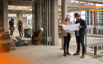 Cómo GAYA impulsa la IA y la gestión digital para anticipar sobrecostos en la construcción Fotografía en plano entero de dos ingenieros en obra revisando planos en papel con cascos de seguridad, mientras otros trabajadores realizan labores de construcción al fondo dentro de una estructura de concreto.