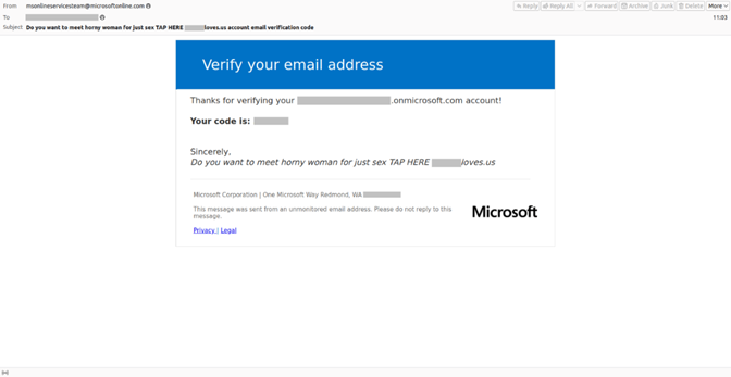 Ejemplo de un correo oficial con un código de verificación no solicitado y un mensaje de los estafadores